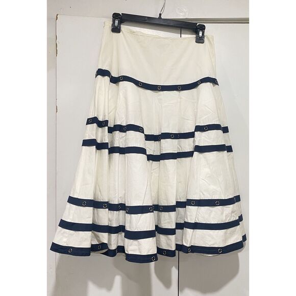 Cache Dresses & Skirts - Cache Tiered Skirt Sz 4 White Navy Blue Nautical Ribbon Gold Ring Coastal Skater